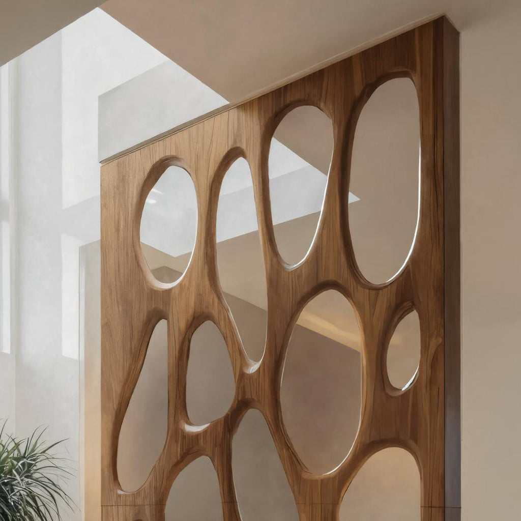 Tall room divider panel with organic cut-out openings and wood-effect finish