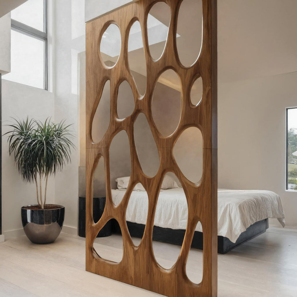 Tall room divider panel with organic cut-out openings and wood-effect finish