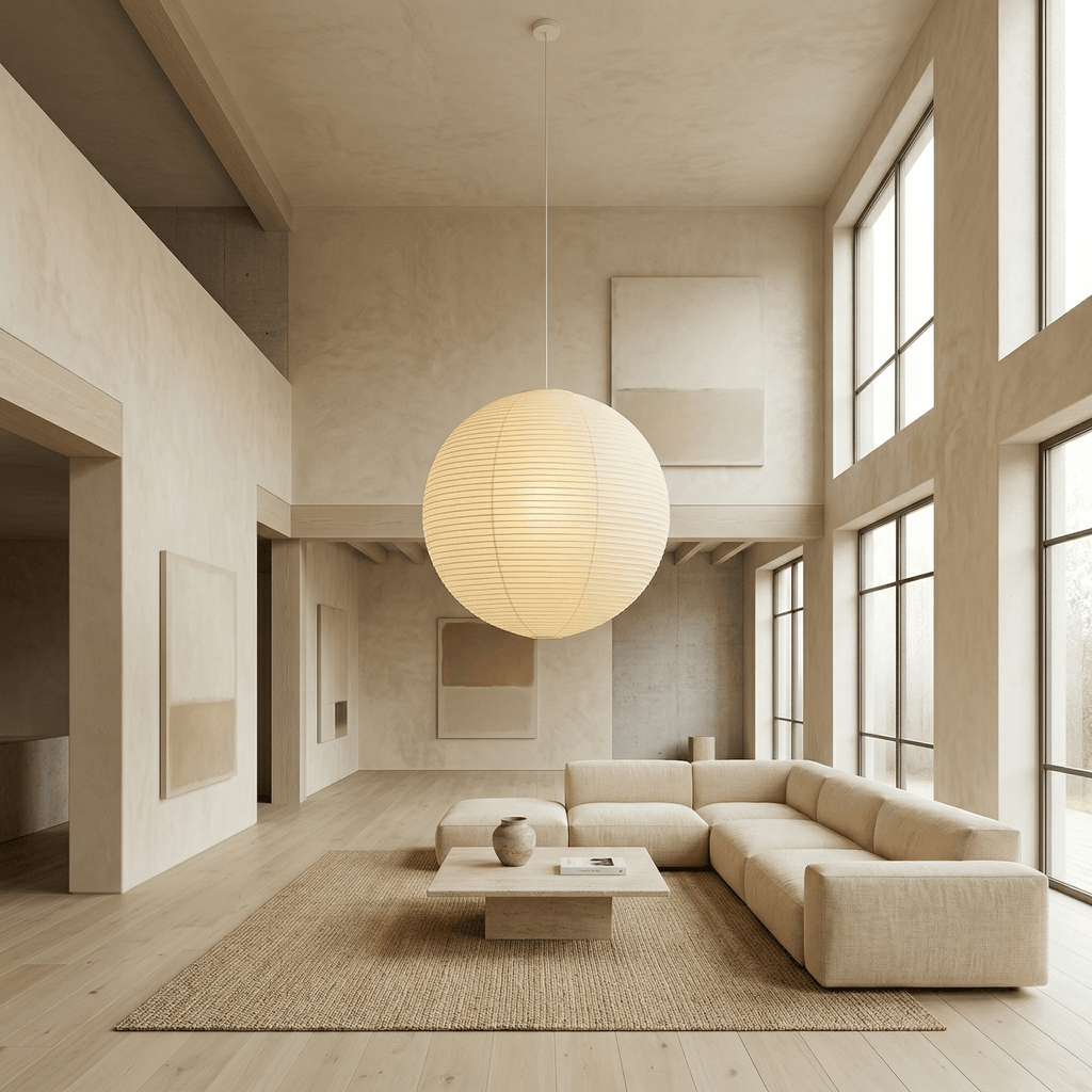 Spherical pendant light with a ribbed globe shade suspended from a ceiling