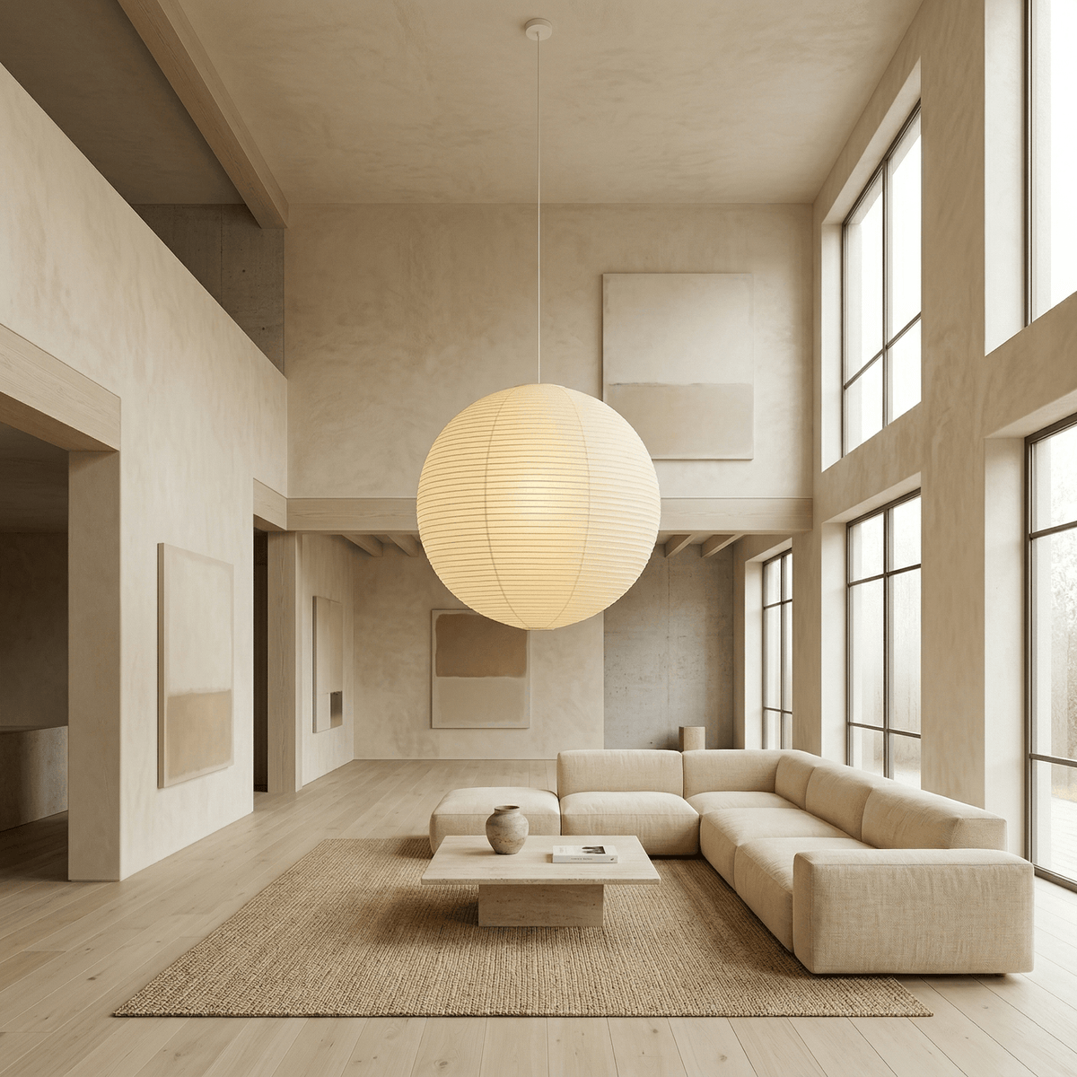 Spherical pendant light with a ribbed globe shade suspended from a ceiling
