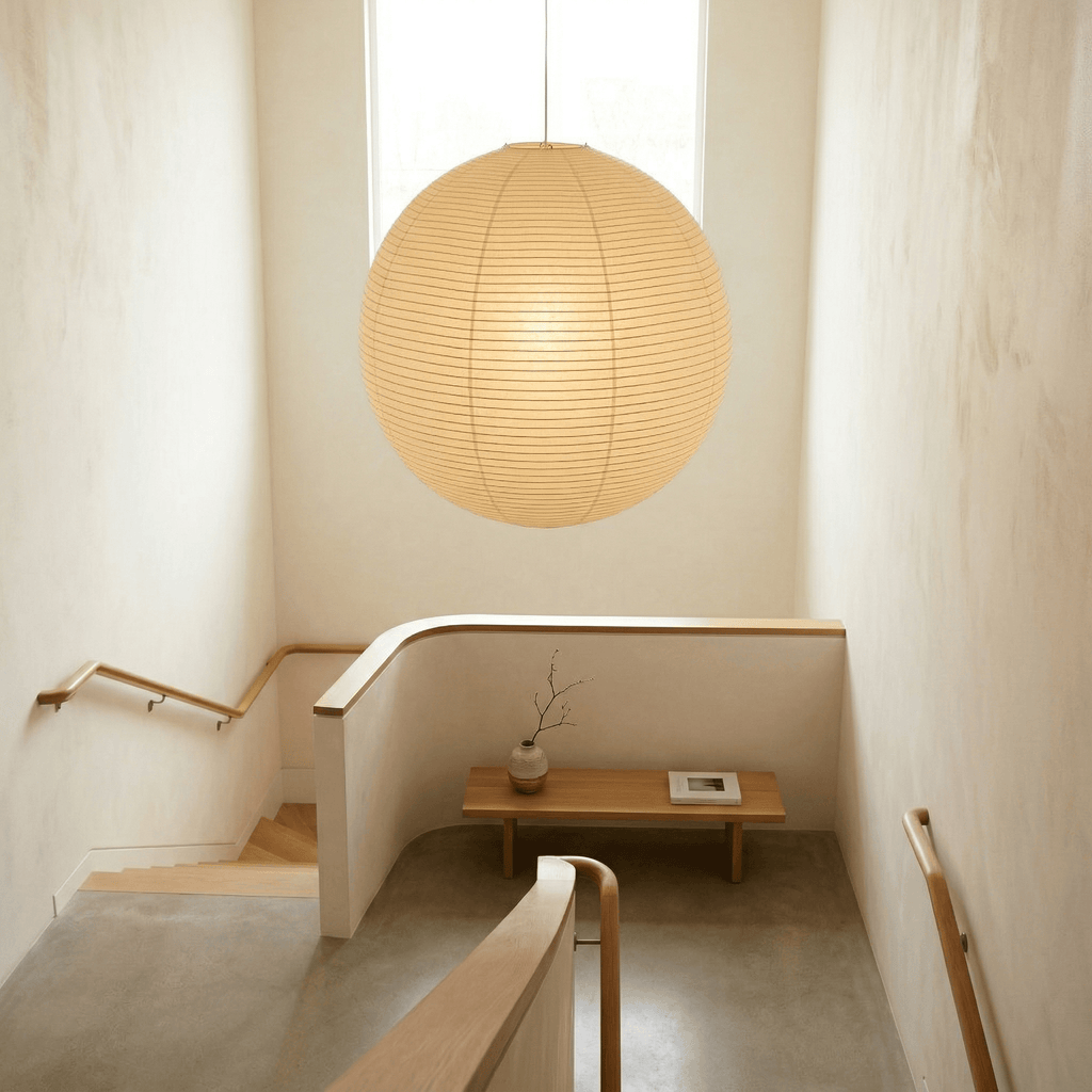 Spherical pendant light with a ribbed globe shade suspended from a ceiling