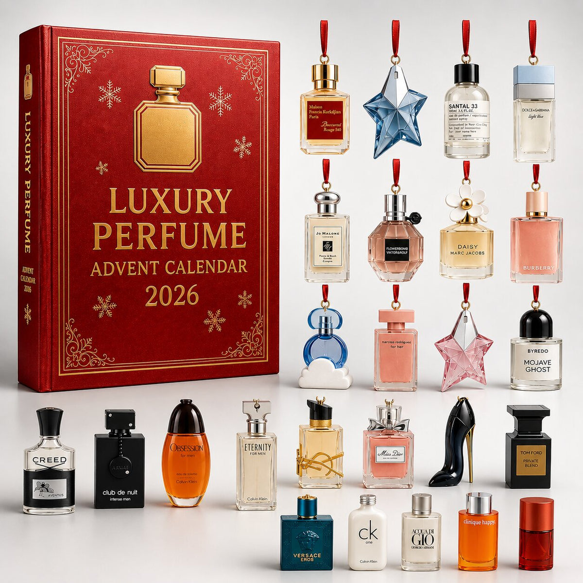 Red 2026 perfume advent calendar with gold detailing and ribbon bows