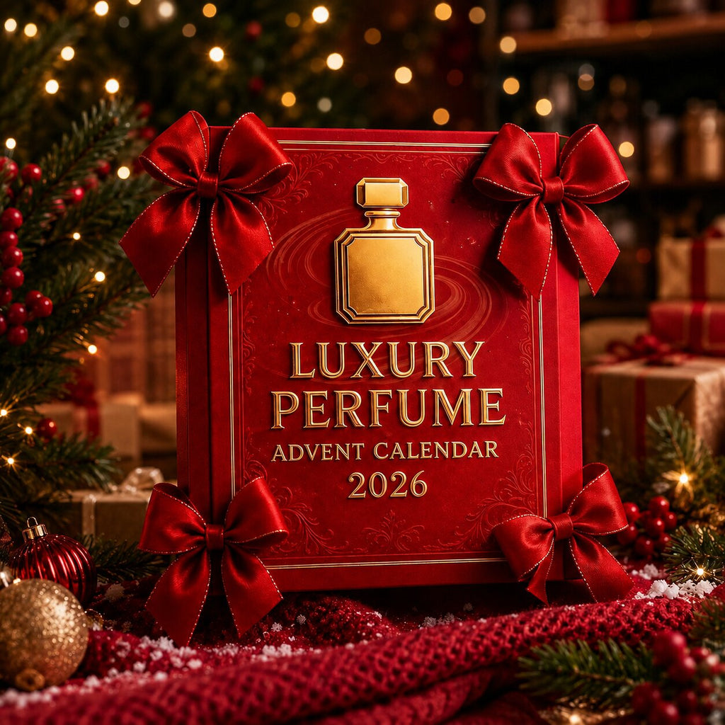 Red 2026 perfume advent calendar with gold detailing and ribbon bows
