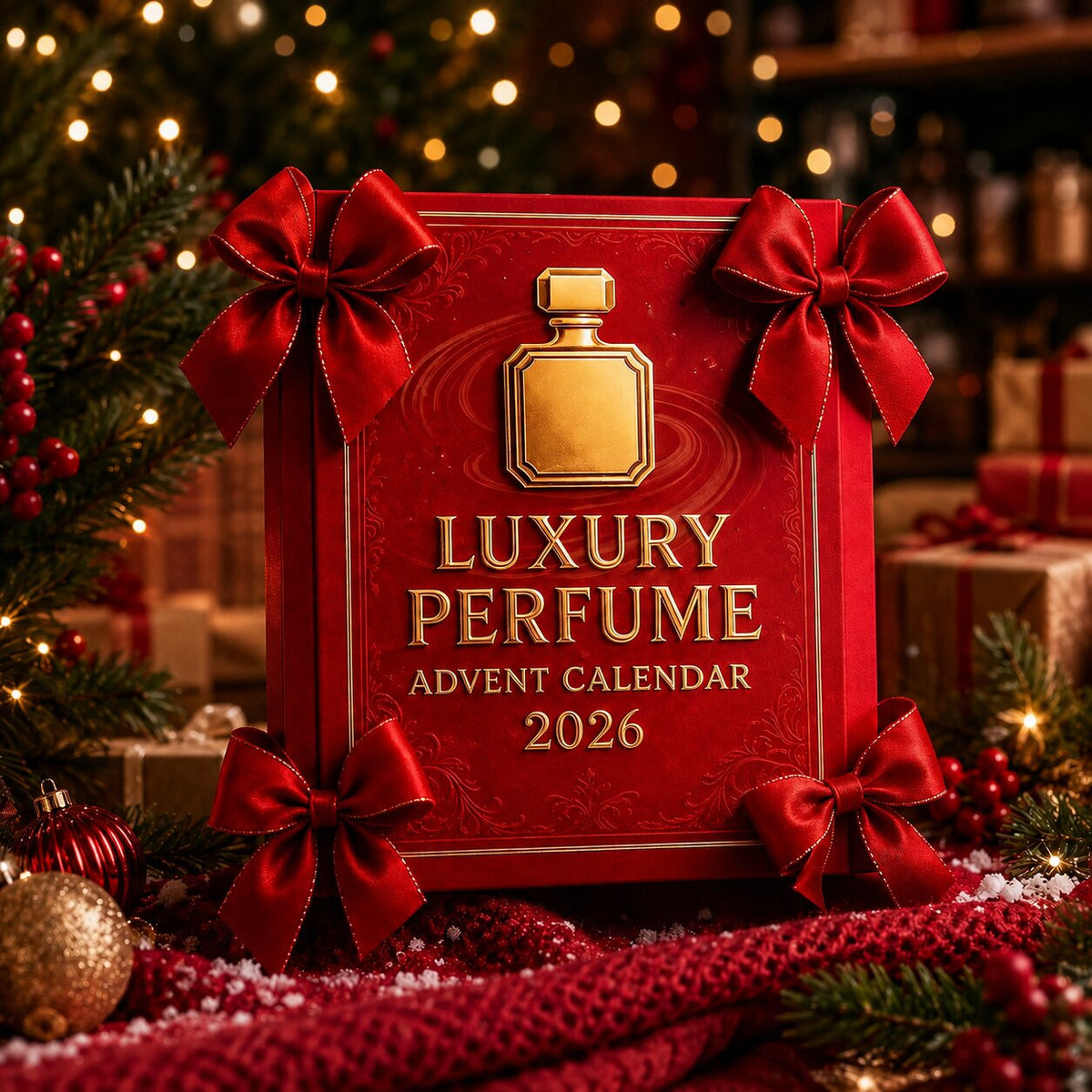 Red 2026 perfume advent calendar with gold detailing and ribbon bows