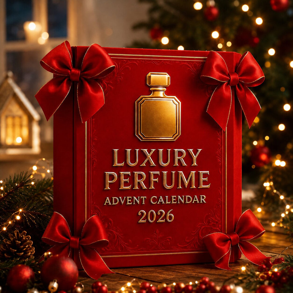 Red 2026 perfume advent calendar with gold detailing and ribbon bows