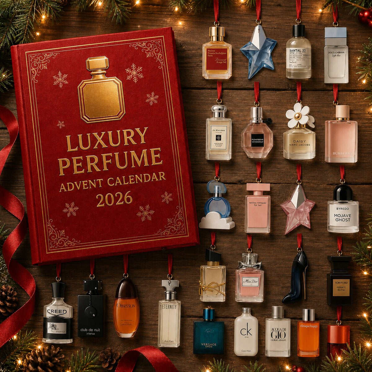 Red 2026 perfume advent calendar with gold detailing and ribbon bows