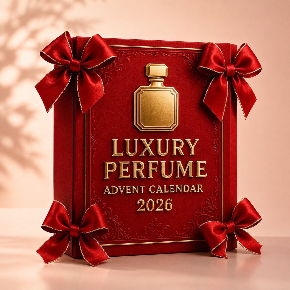 Red 2026 perfume advent calendar with gold detailing and ribbon bows