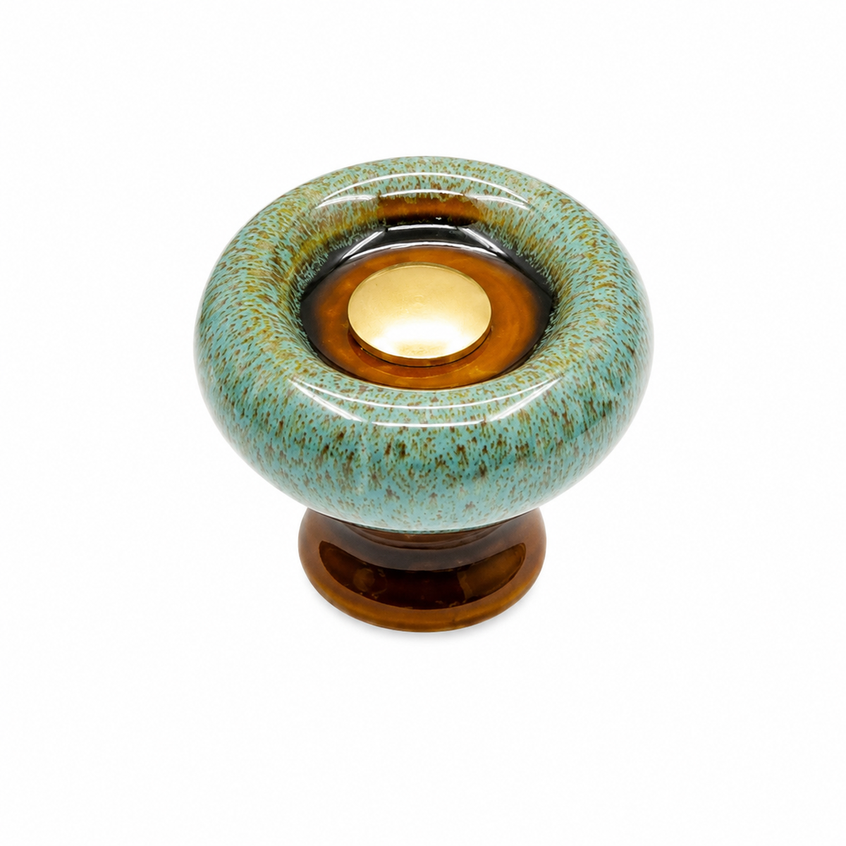 Round glazed ceramic cabinet knob with a contrasting base and central cap