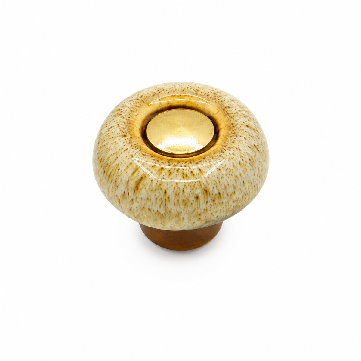 Round glazed ceramic cabinet knob with a contrasting base and central cap