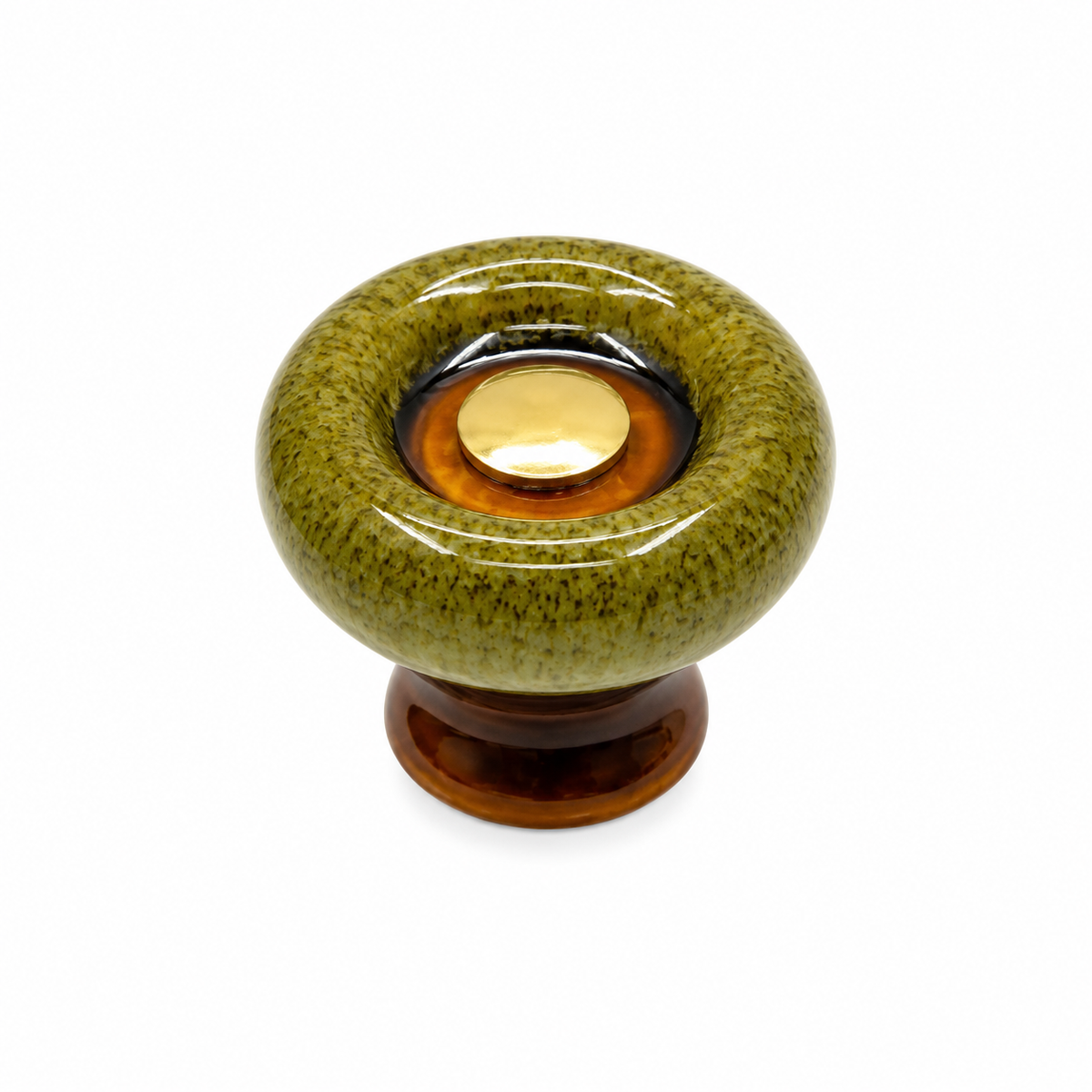 Round glazed ceramic cabinet knob with a contrasting base and central cap