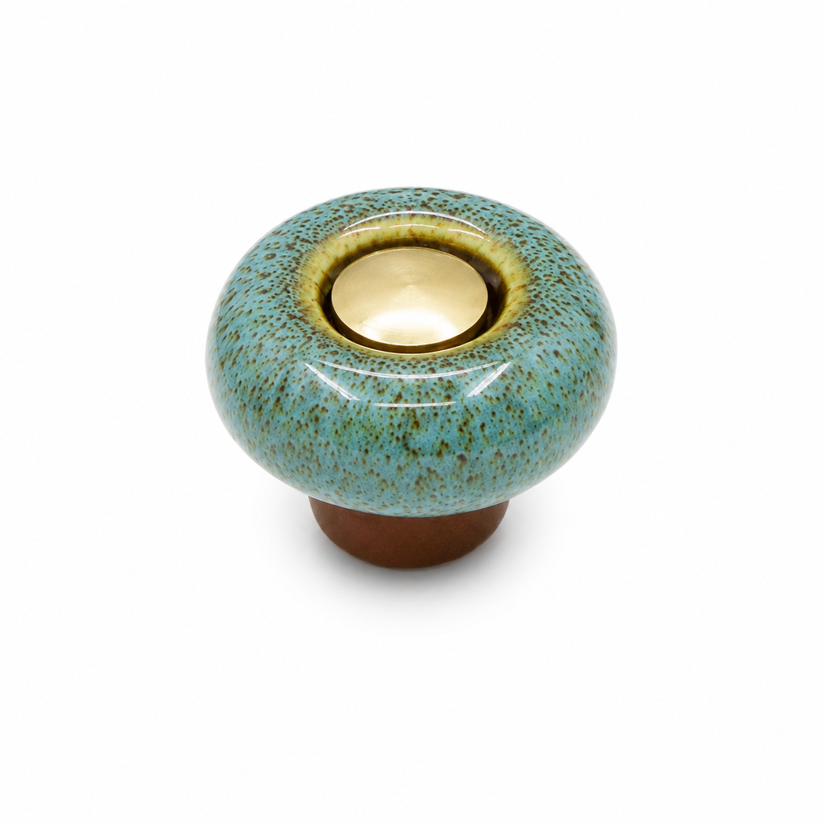 Round glazed ceramic cabinet knob with a contrasting base and central cap