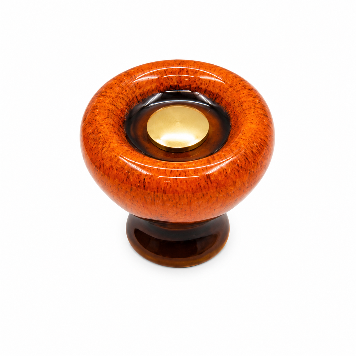 Round glazed ceramic cabinet knob with a contrasting base and central cap