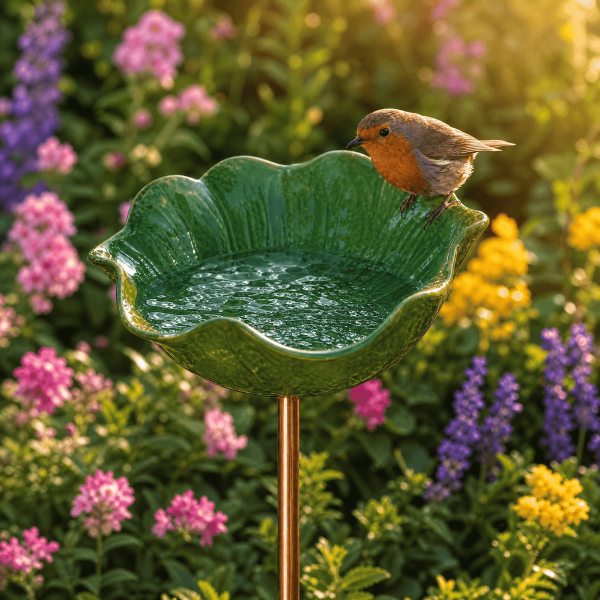 Hand-formed poppy bird bath garden stake with bird ornament