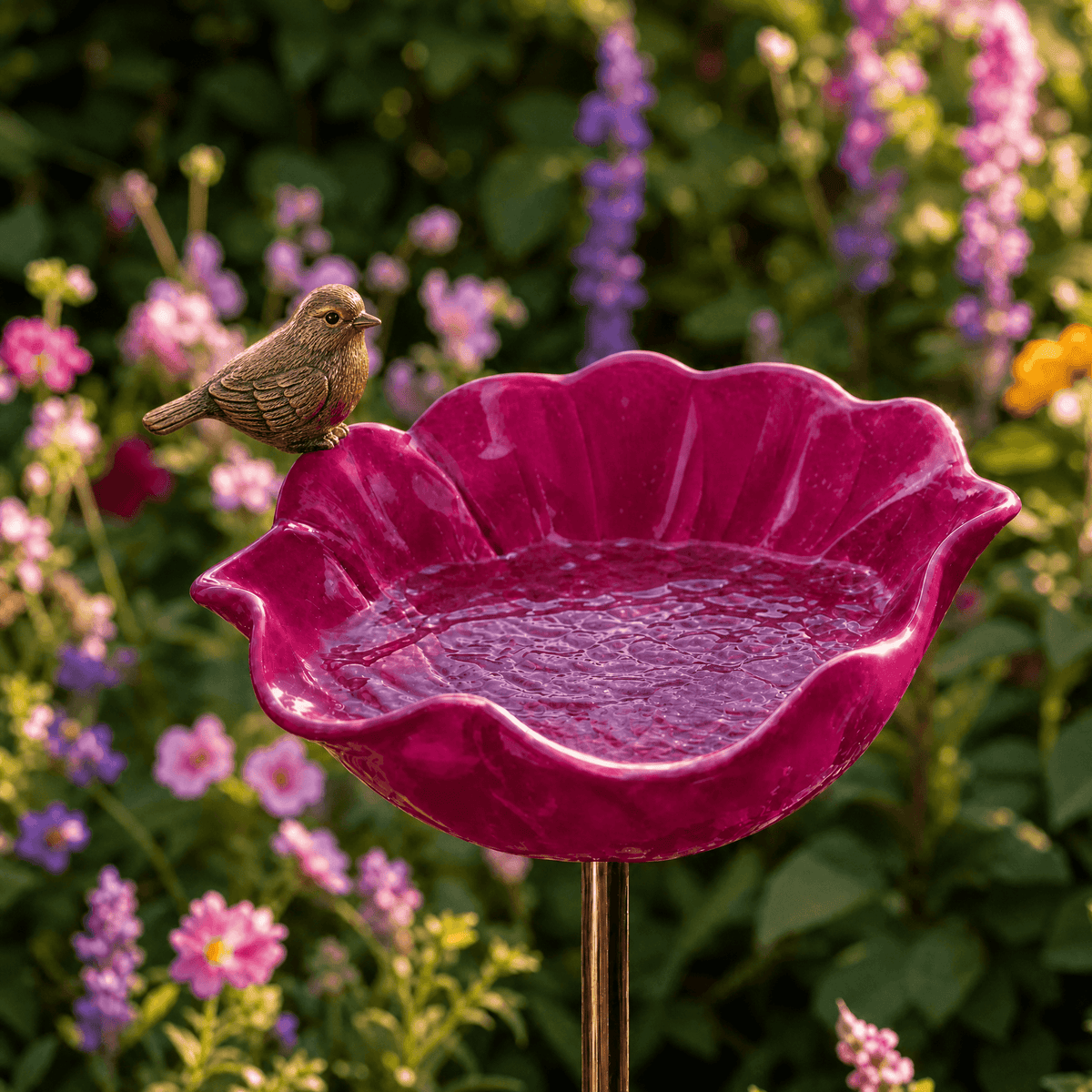 Hand-formed poppy bird bath garden stake with bird ornament