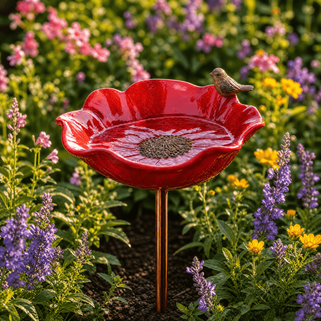 Hand-formed poppy bird bath garden stake with bird ornament