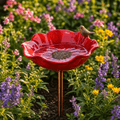 Hand-formed poppy bird bath garden stake with bird ornament