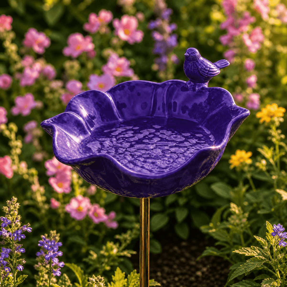 Hand-formed poppy bird bath garden stake with bird ornament
