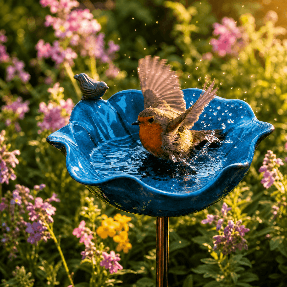 Hand-formed poppy bird bath garden stake with bird ornament
