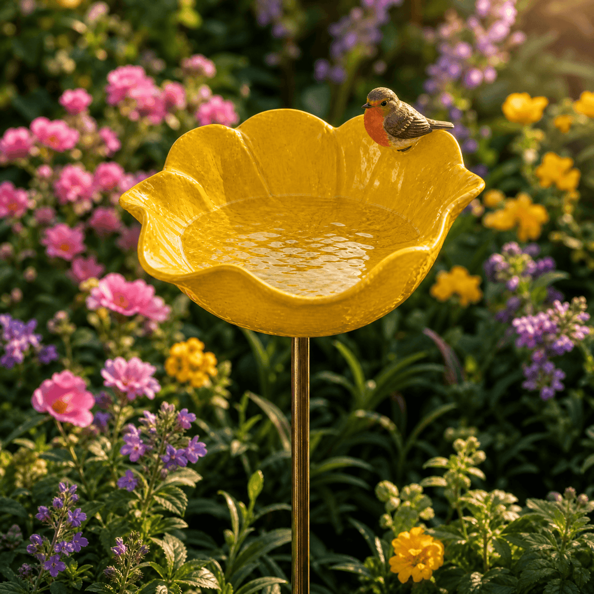Hand-formed poppy bird bath garden stake with bird ornament