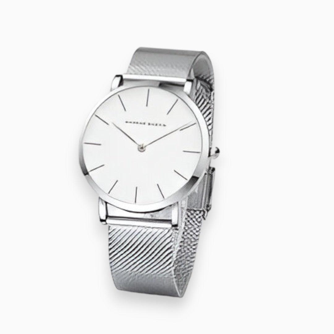 Analogue watch with round dial and textured mesh-style strap