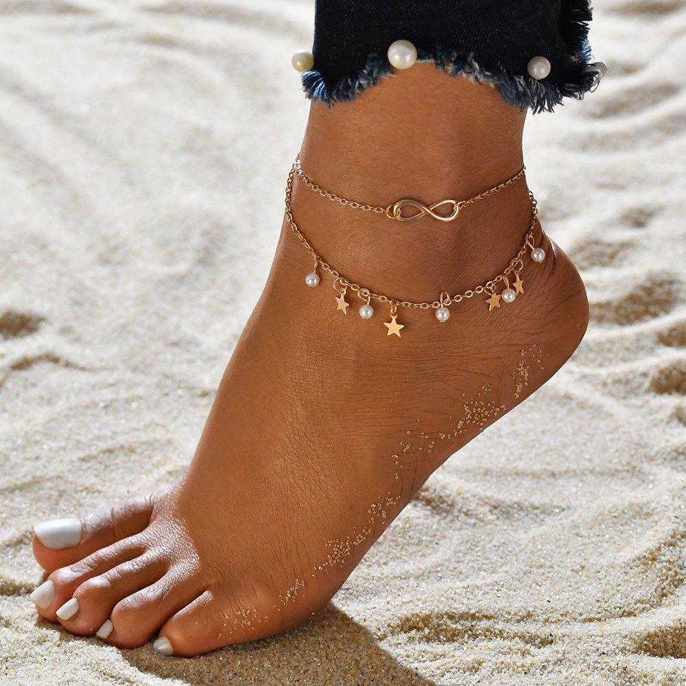 Layered anklet bracelet with pearl and star charms