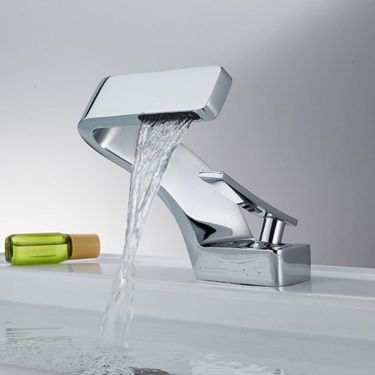 Curved basin mixer tap with rectangular waterfall spout and single lever