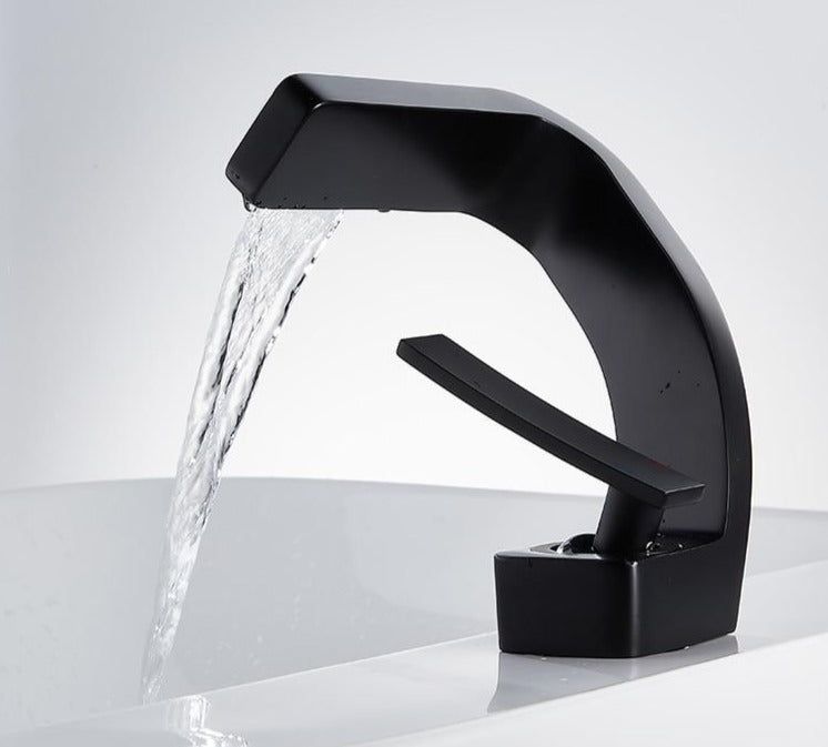 Curved basin mixer tap with rectangular waterfall spout and single lever