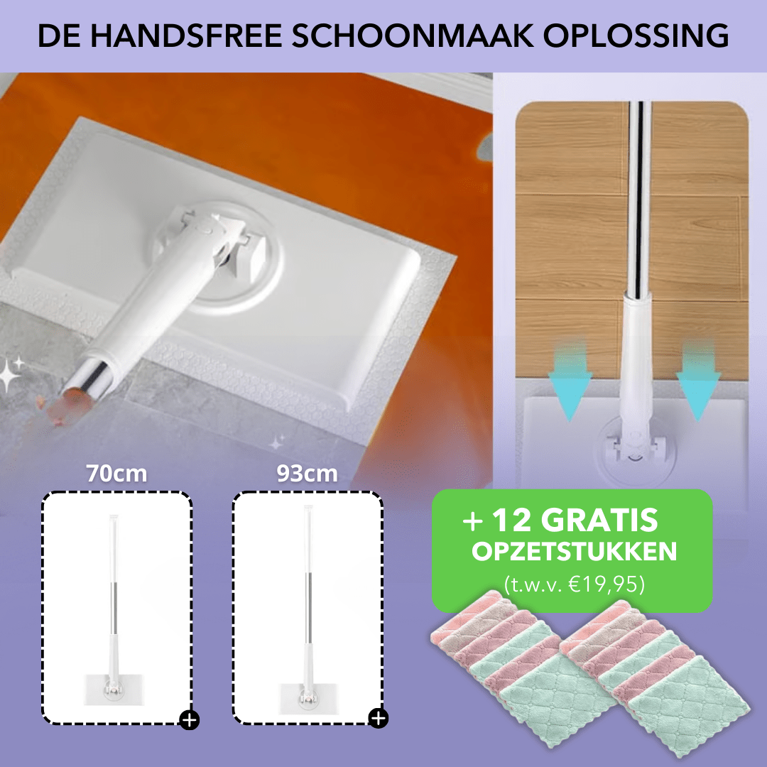 White hands-free flat mop with long handle and soft mop pads