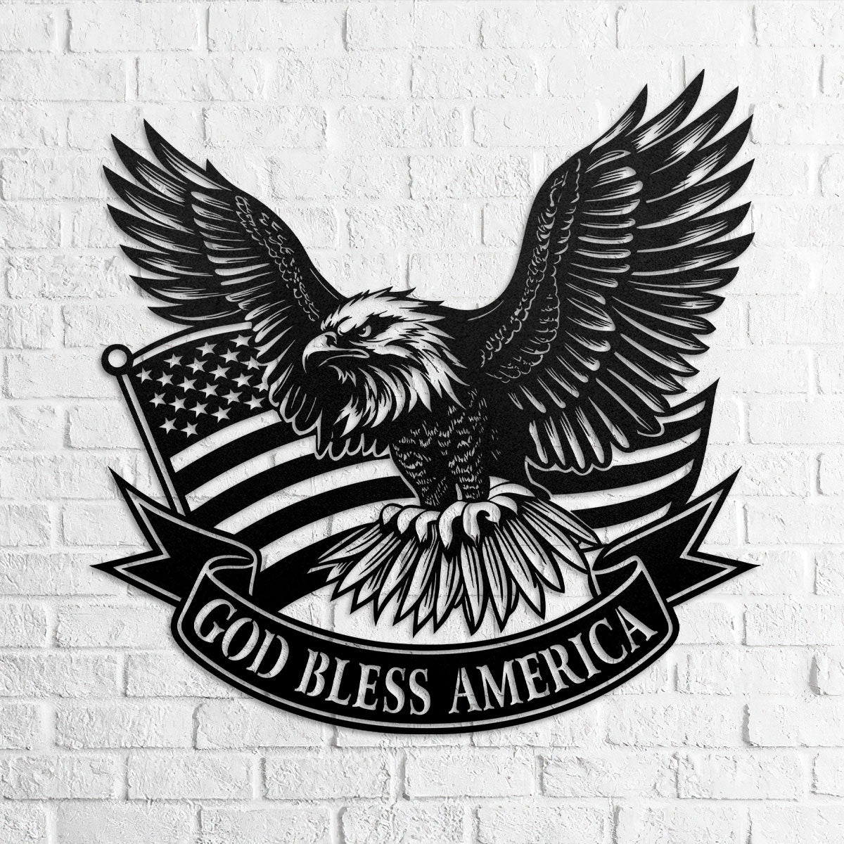Metal wall art sign with eagle, American flag and text banner