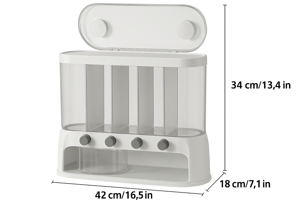 White multi-compartment grain dispenser with clear storage sections and pull-out container