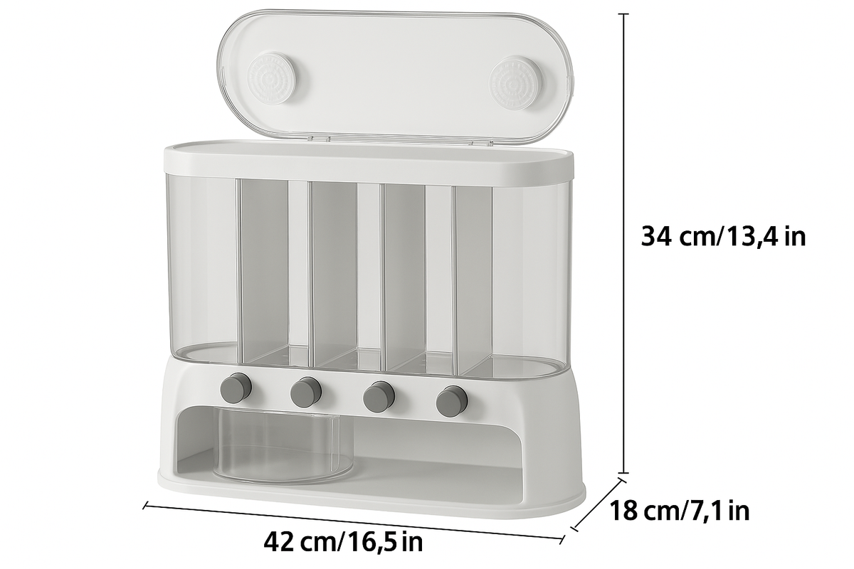 White multi-compartment grain dispenser with clear storage sections and pull-out container