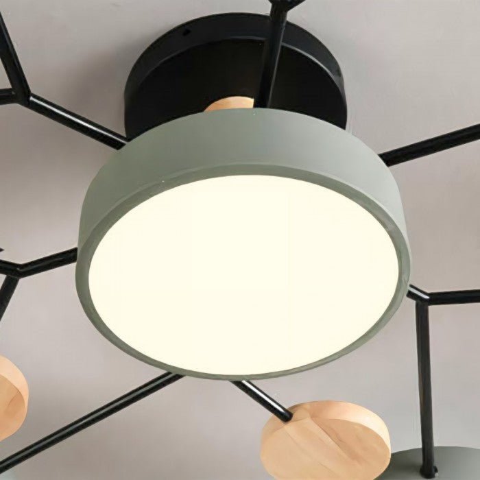 Multi-arm LED ceiling light with circular shades and decorative disc details