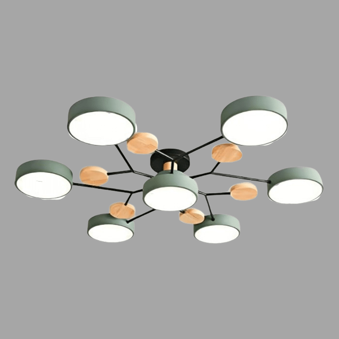 Multi-arm LED ceiling light with circular shades and decorative disc details