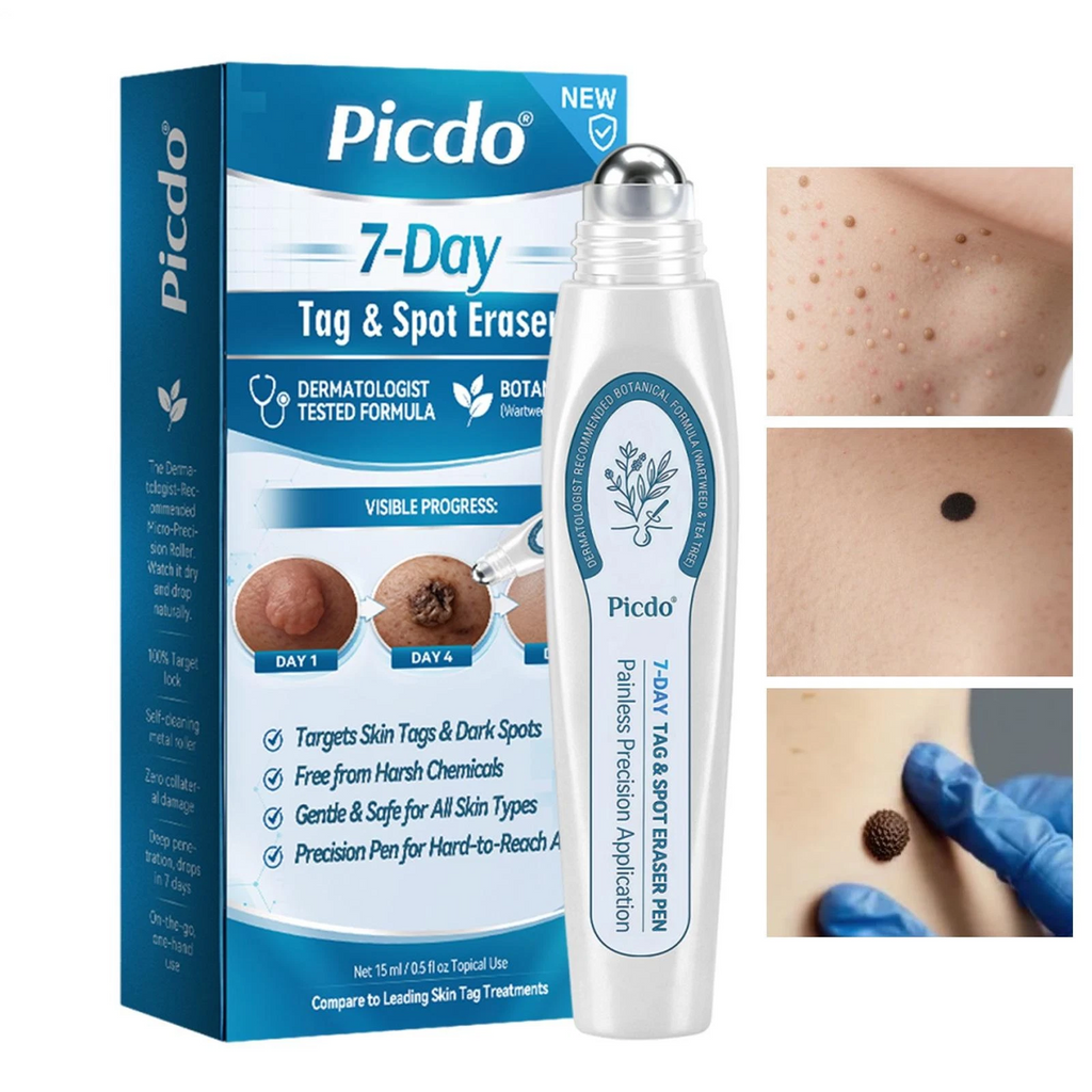 White skincare spot treatment pen with metal roller ball and printed box