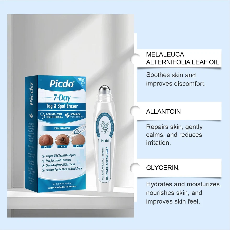 White skincare spot treatment pen with metal roller ball and printed box
