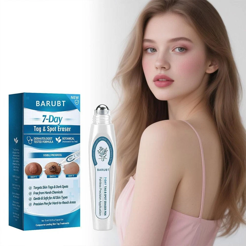 White skincare spot treatment pen with metal roller ball and printed box