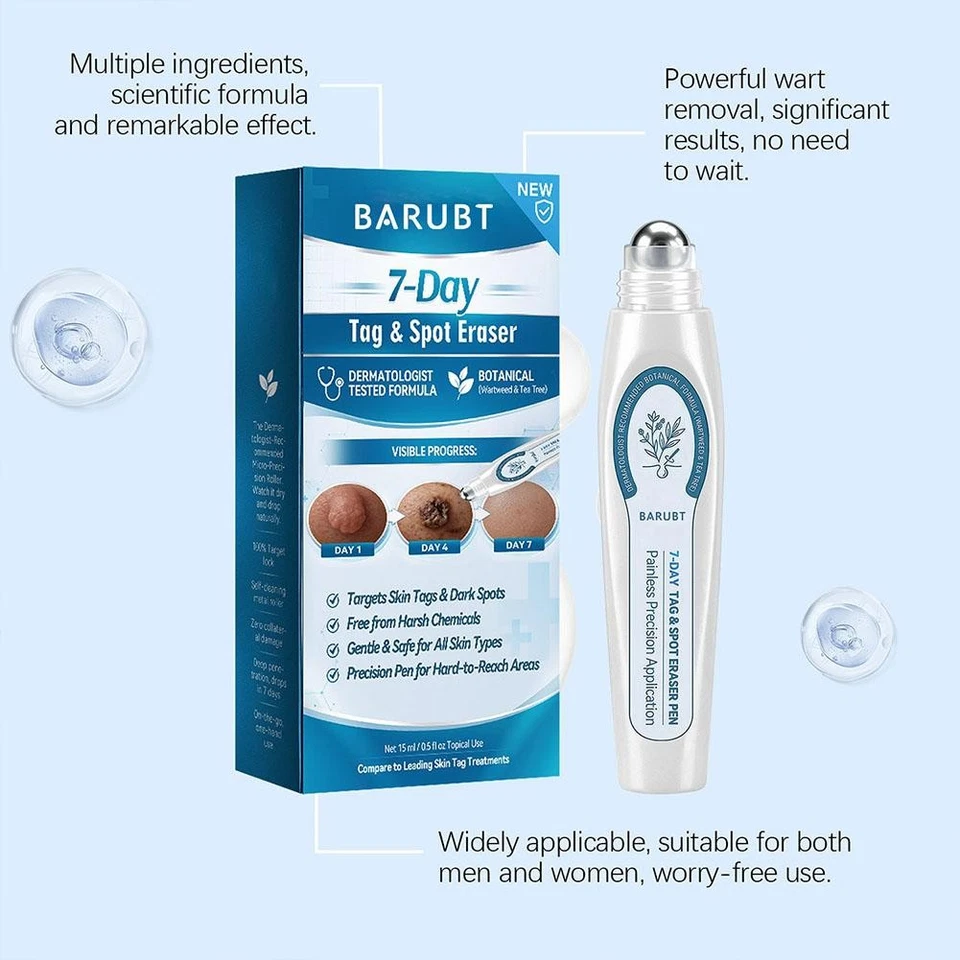 White skincare spot treatment pen with metal roller ball and printed box