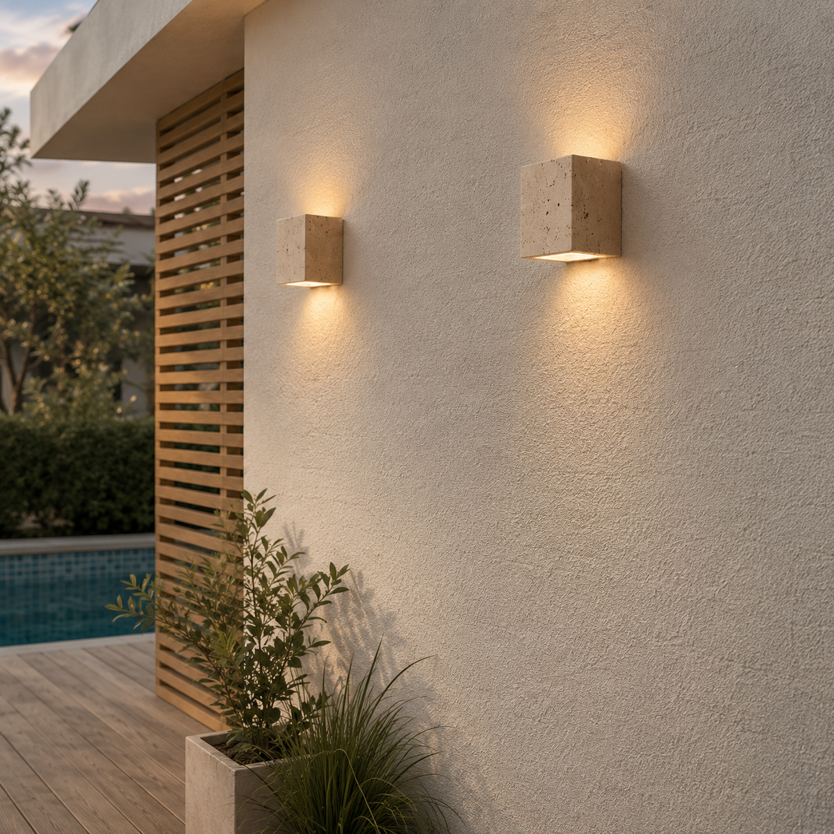 Beige travertine stone outdoor wall light casting light upwards and downwards