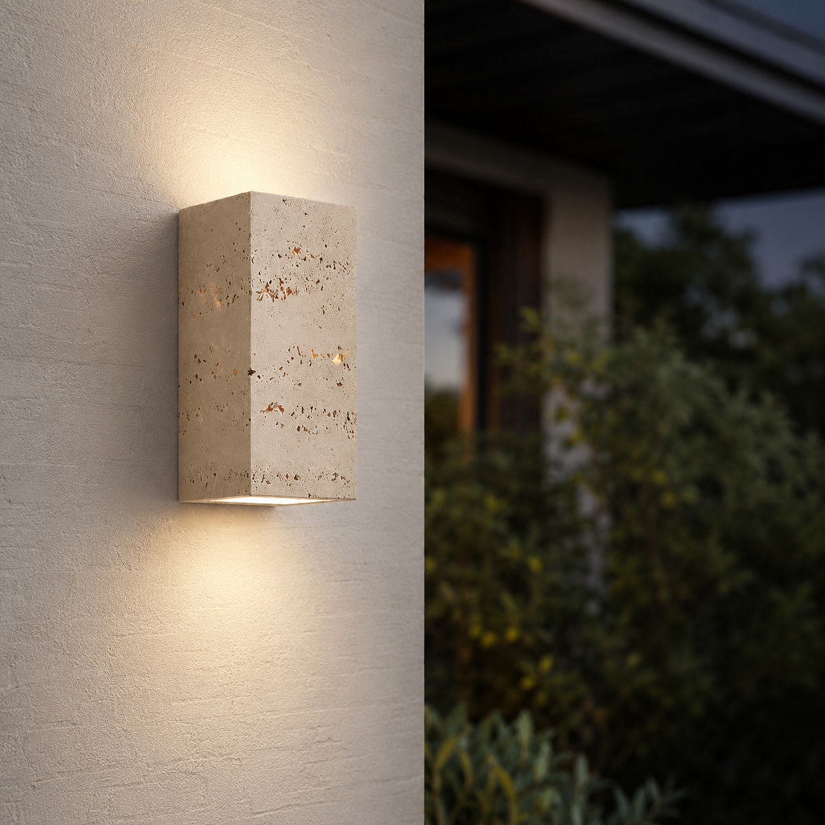Beige travertine stone outdoor wall light casting light upwards and downwards