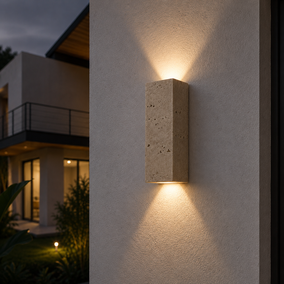 Beige travertine stone outdoor wall light casting light upwards and downwards