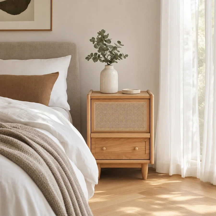Brown wood-effect bedside table with woven front panel and drawer