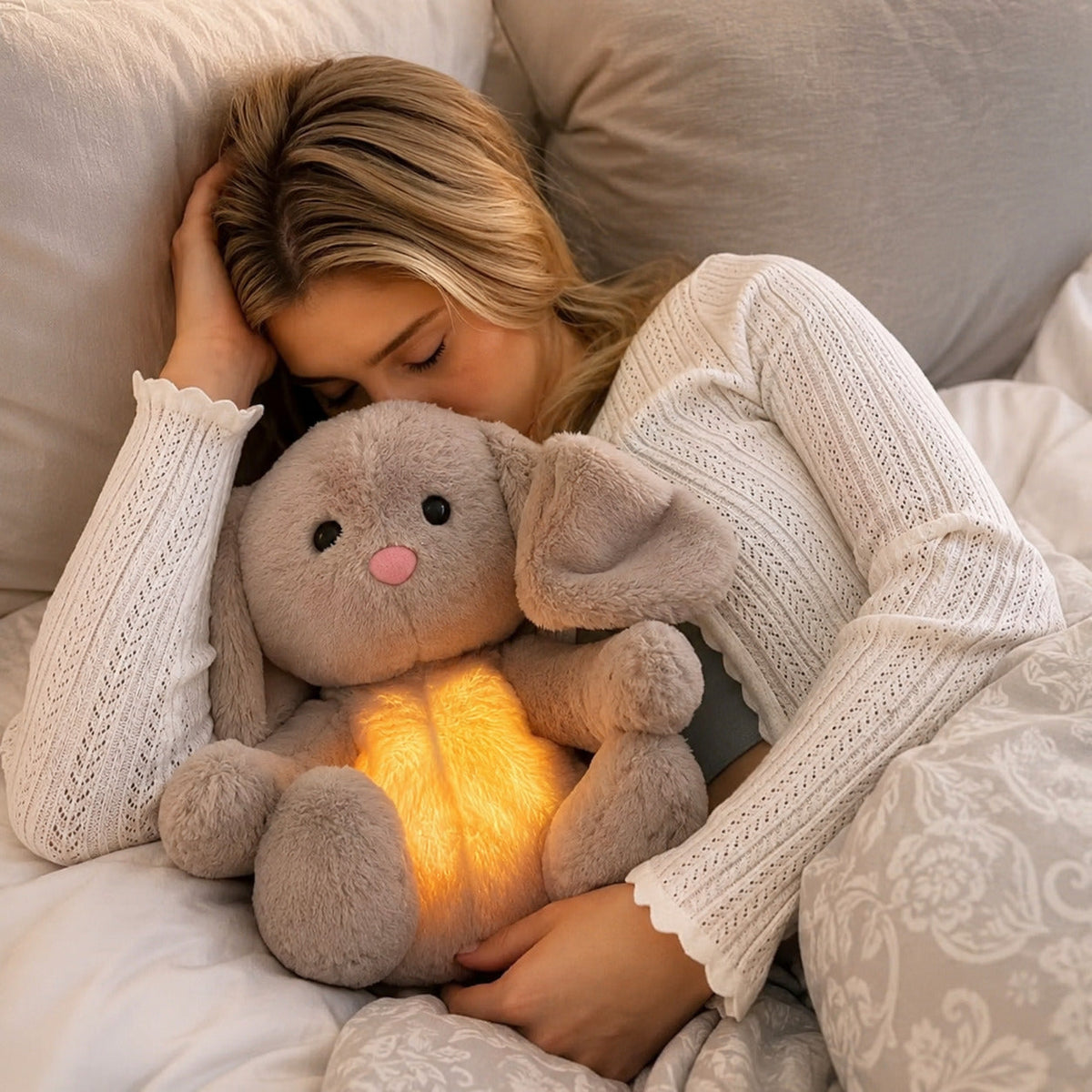 Grey rabbit stuffed animal with floppy ears and illuminated yellow belly