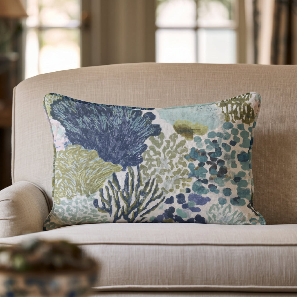 Blue abstract patterned throw pillow with coral-inspired design and piped edges