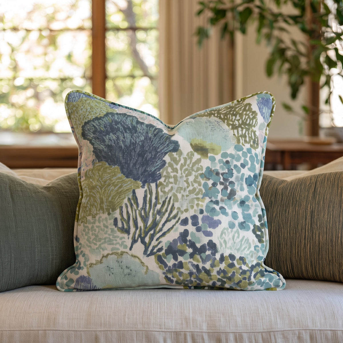 Blue abstract patterned throw pillow with coral-inspired design and piped edges