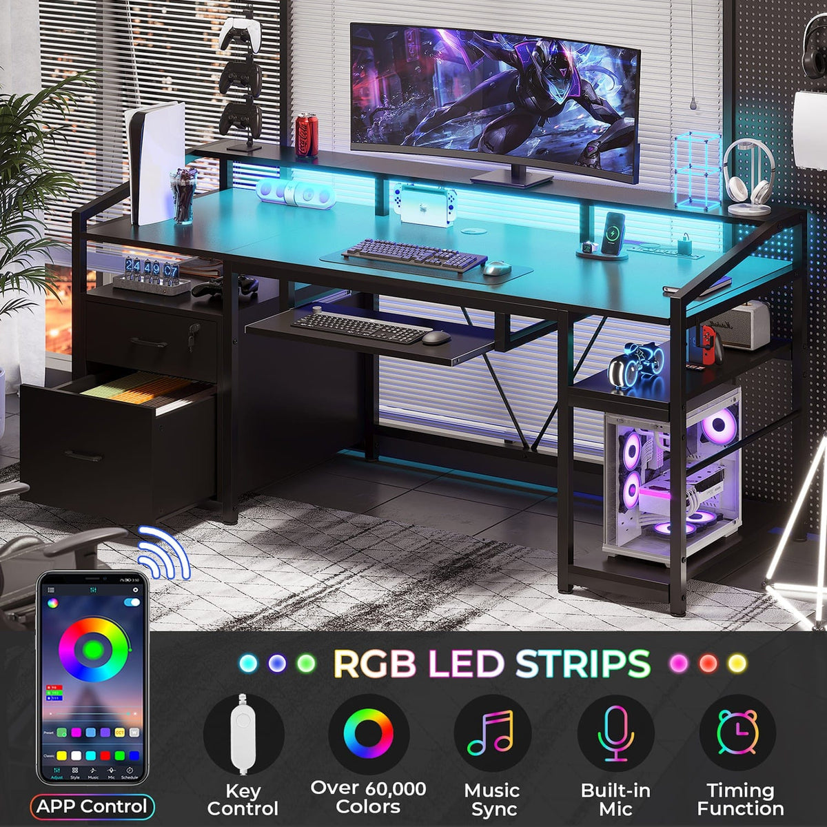 Black gaming desk with LED lighting, drawers, keyboard tray and shelves