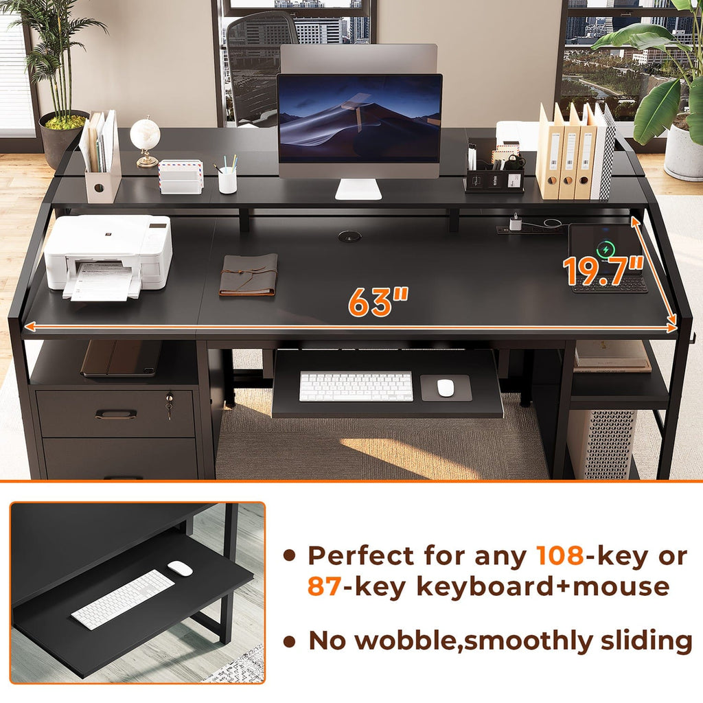 Black gaming desk with LED lighting, drawers, keyboard tray and shelves