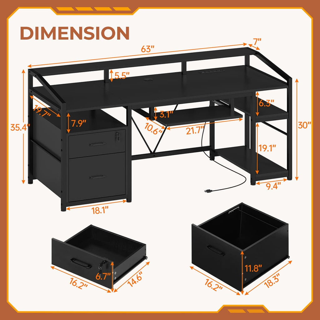 Black gaming desk with LED lighting, drawers, keyboard tray and shelves