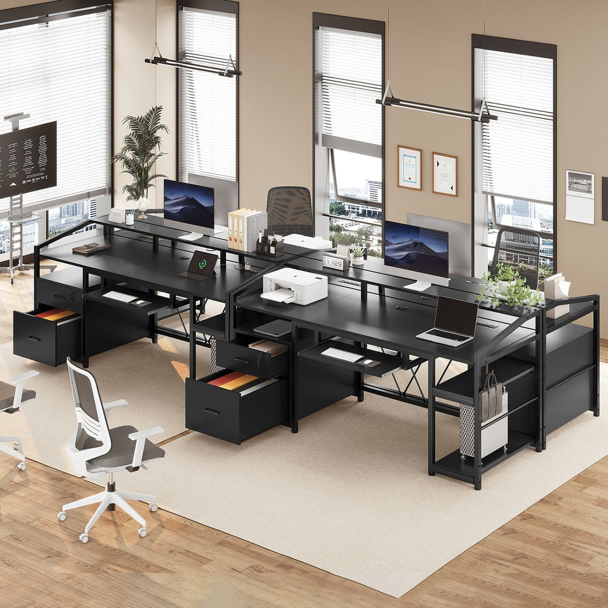 Black gaming desk with LED lighting, drawers, keyboard tray and shelves