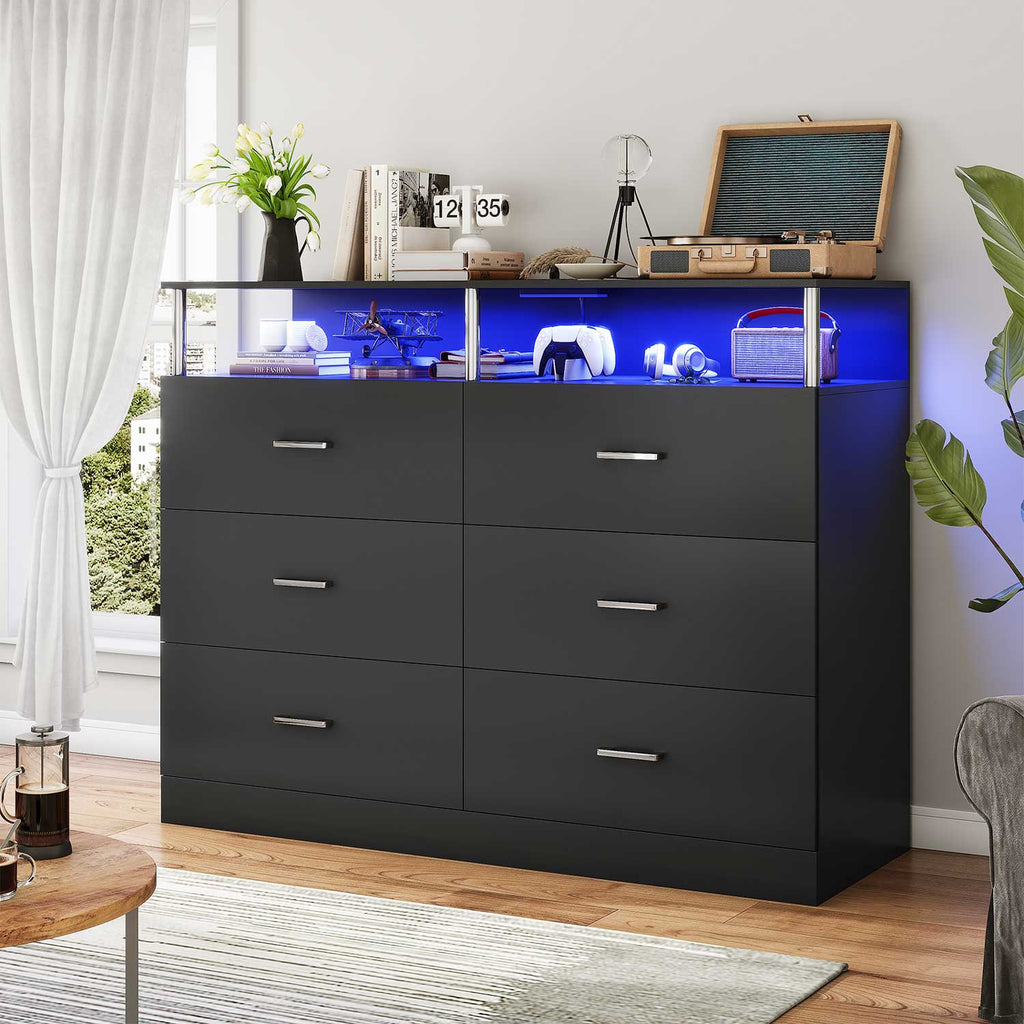 Black six-drawer dresser with LED-lit open shelving