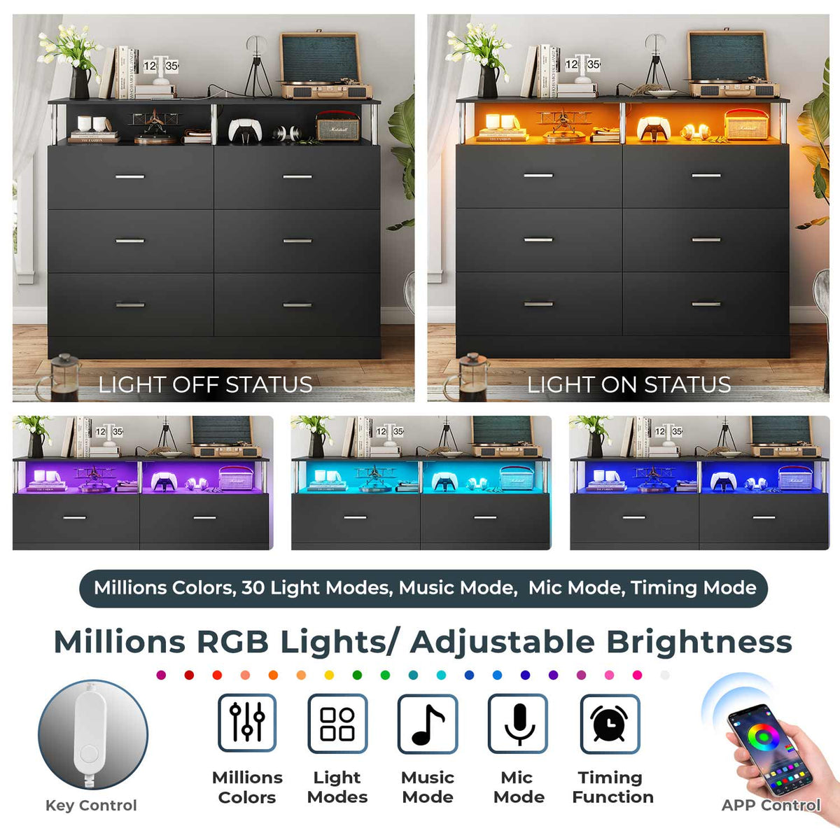 Black six-drawer dresser with LED-lit open shelving